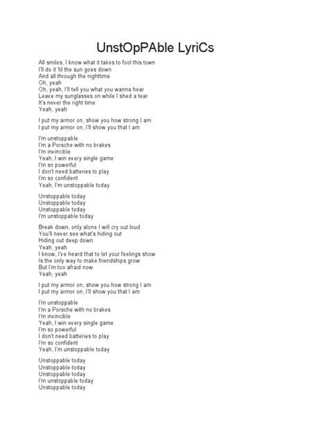 lyrics for unstoppable|unstoppable lyrics printable.